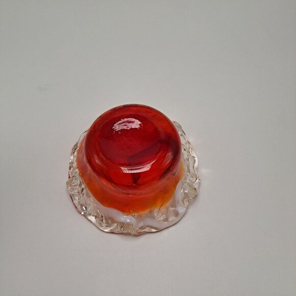 Art Glass Crimped Ruffled Edge Red Orange Clear Bowl Ashtray - Picture 5 of 6